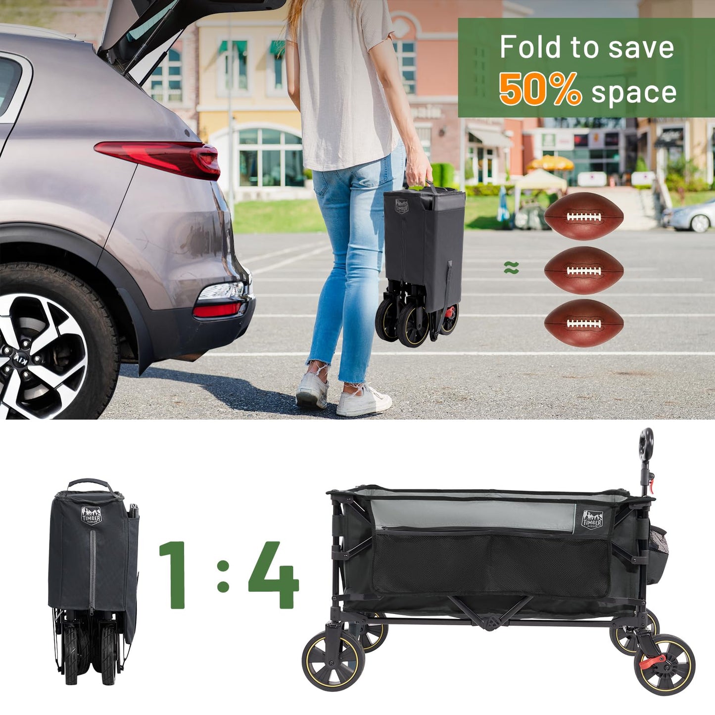 Timber Ridge Collapsible Wagon Cart with Brakes, 400lbs Heavy Duty Large Capacity Compact Portable Folding Wagon, Utility Grocery Cart for Camping, Gardening, Shopping-Grey