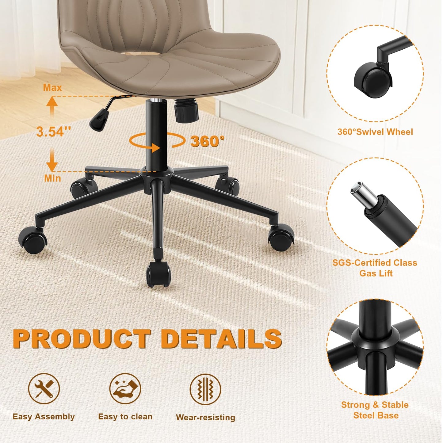 VATROS Office Chair, Armless Desk Chair with Wheels, Ergonomic Comfy Home Office Computer Task Chairs,Faux Leather Padded Cute Vanity Chair, Adjustable Height Swivel Chair with Back, Khaki
