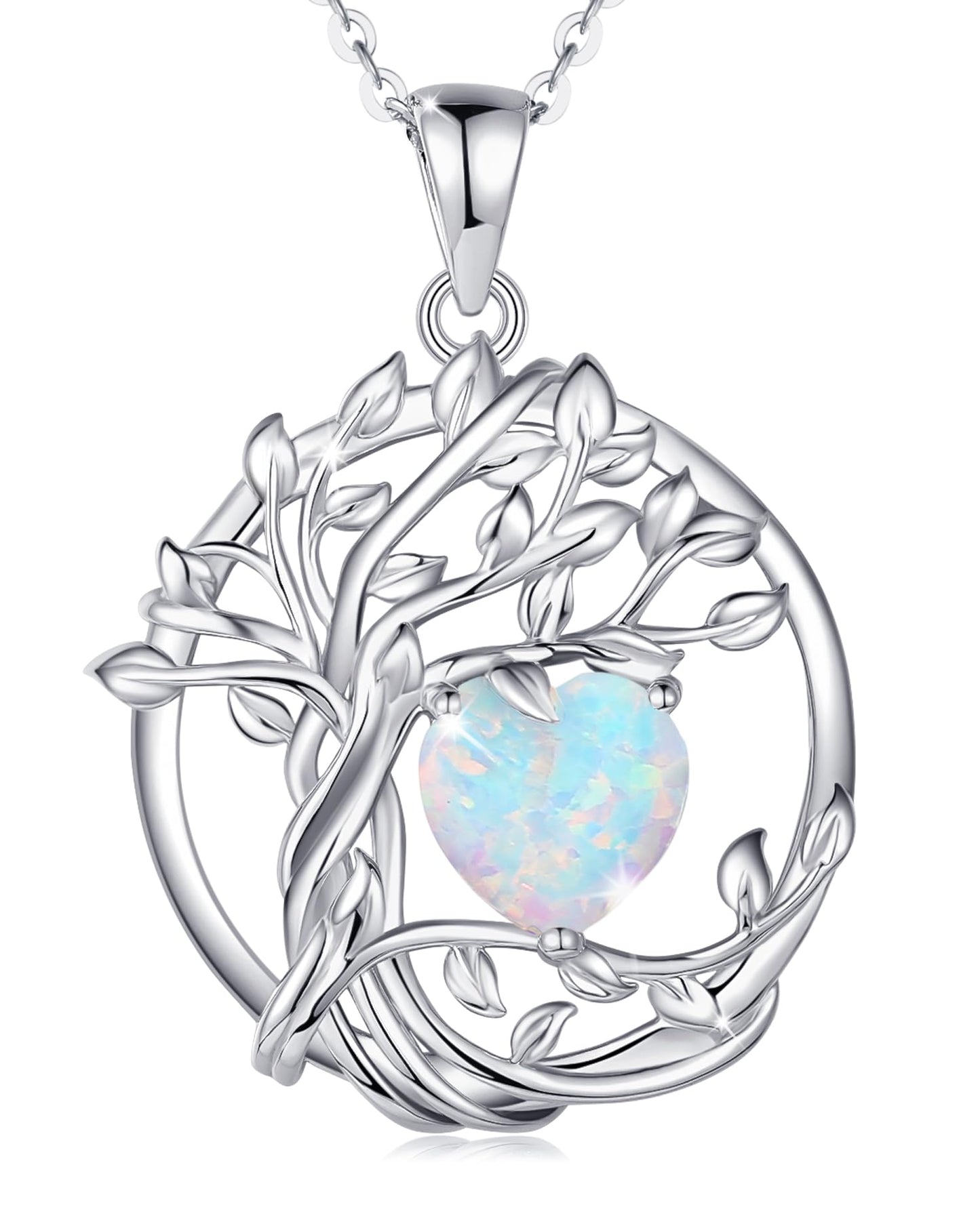 FANCIME Tree of life Birthstone Necklace for Women Sterling Silver Tree Jewelry Opal Pendant October Birthstone Gemstone Anniversary Birthday Mothers Day Gifts for Mom Her