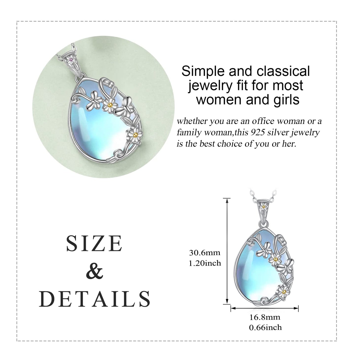 YAFEINI 925 Sterling Silver Moonstone Necklace Filigree Teardrop Daisy Butterfly Pendant Necklace Jewelry for Women (C-Daisy Butterfly Moonstone)