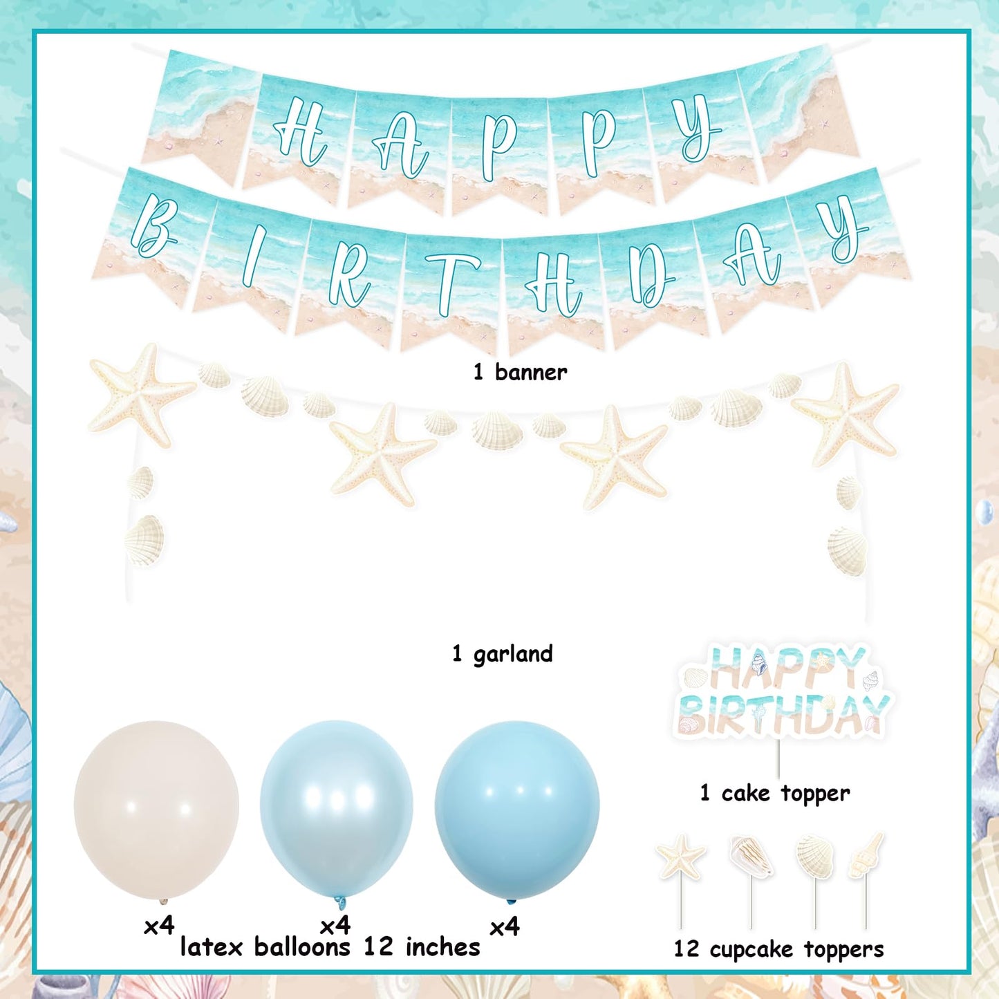 Kreatwow Beach Shell Birthday Decorations Shell Happy Birthday Banner Garland Cake Toppers Summer Seaside Ocean Ocean Waves Party Decors Sea Surf Nautical Coastal Mermaid Birthday Party Supply