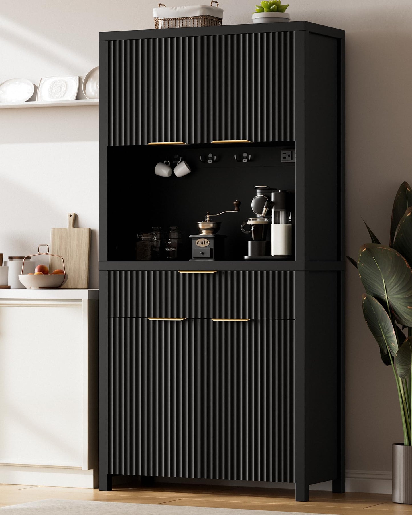 Lulive 71" Fluted Pantry Cabinet with Charging Station & Adjustable Shelves, Spacious Kitchen Storage Cabinet with Open Countertop & Drawer for Dining Room, Living Room, Black