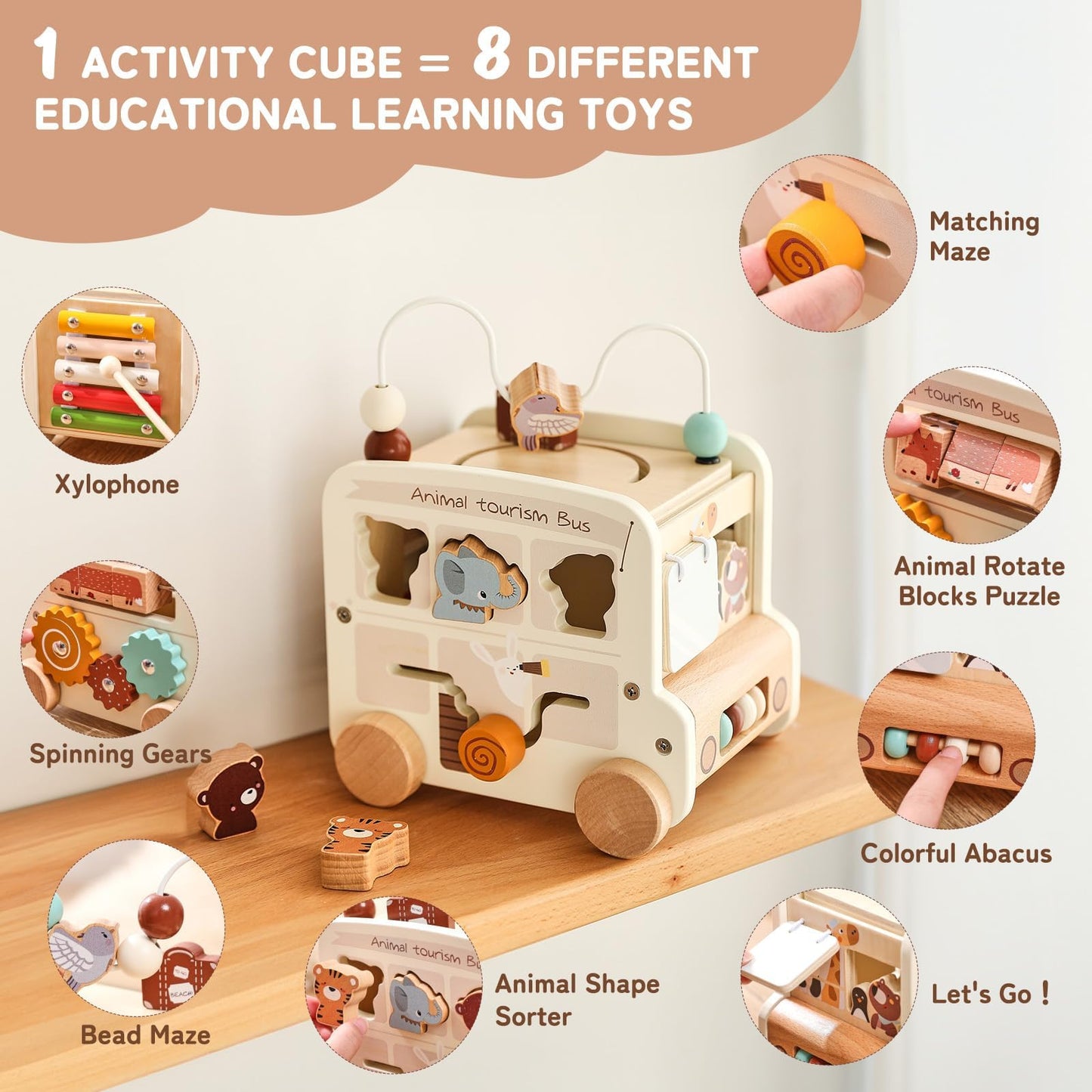 Etucdose Wooden Activity Cube 8-in-1 Montessori Toys | Multifunctional Early Educational Learning Toys | Wooden Toy for Baby Shape Sorter Xylophone Animal Travel Bus Boy Girl Birthday Gift（Beige Bus）