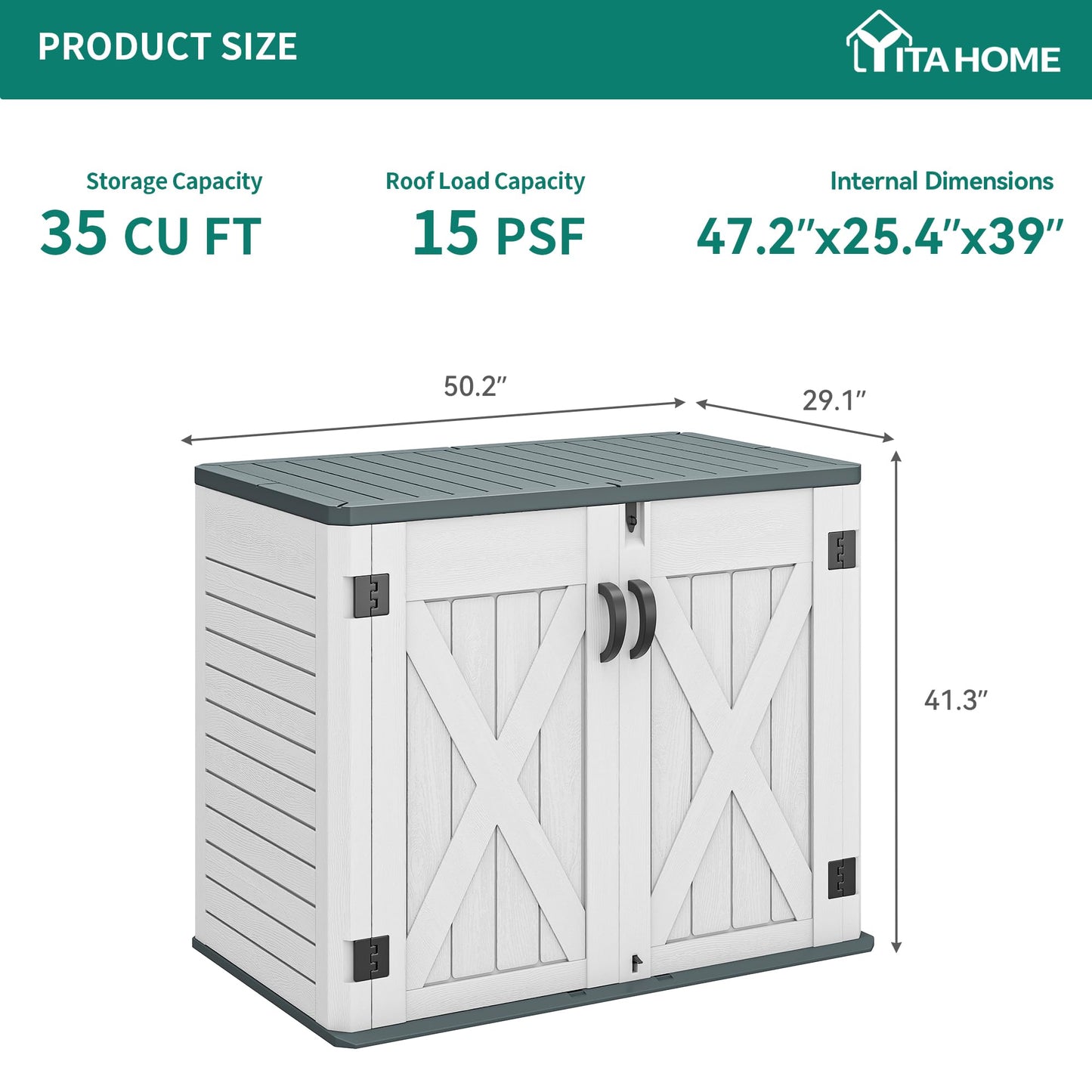 YITAHOME Outdoor Horizontal Storage Shed with X-Shaped Lockable Door, 35 Cu Ft Weatherproof Resin Tool Shed w/o Shelf, Ideal for Bike, Trash Cans, Garden Tools, Lawn Mowers, Light Gray