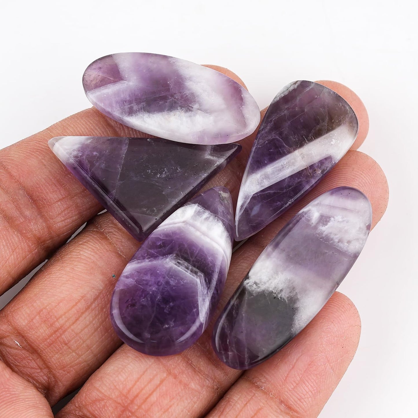 CRYSTALINES 5pcs, Natural Chevron Amethyst Gemstone, Bulk Flatback Cabochon Stone, Polished Loose Supplies for Jewelry Making, Wicca & Reiki Healing Crystals, Wire Wrapping, Gem Collection