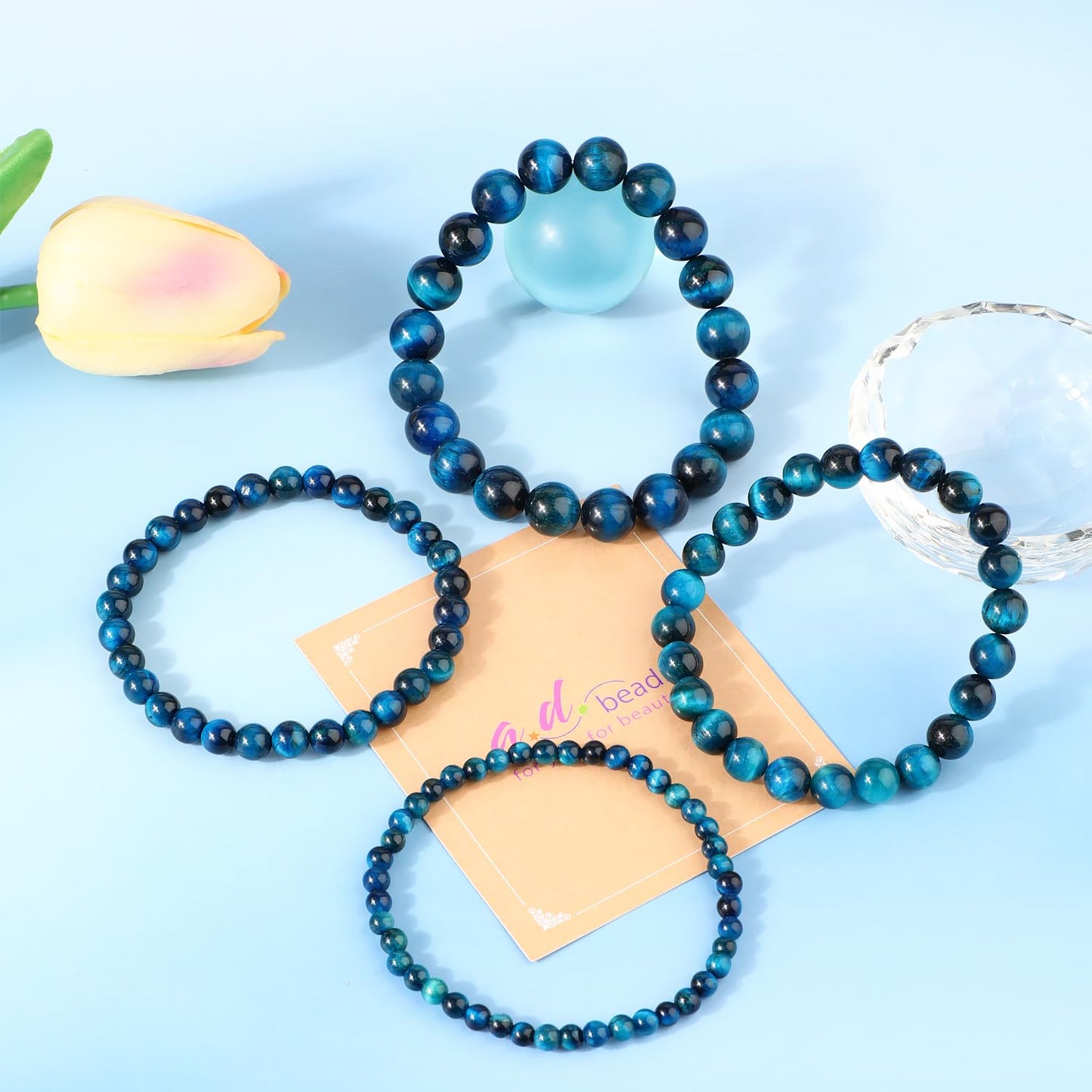 AD Beads 4mm Handmade Blue Tiger Eye Elastic Bracelet – Natural Gemstone for Calm and insight – Meditation, Yoga, Healing and Energy Gift for Men Women