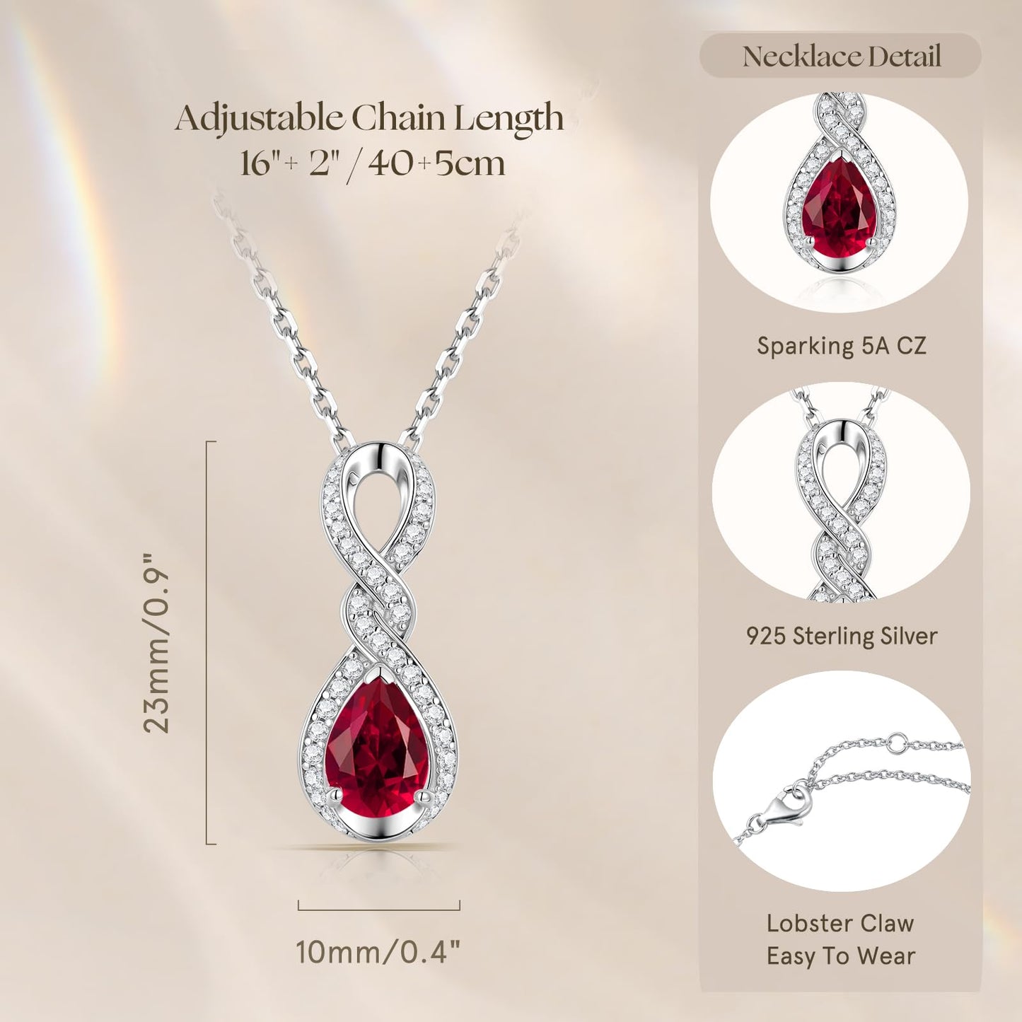 FANCIME Ruby Necklace July Birthstone Sterling Silver Dainty Infinity Knot Pendant Necklace Red Gemstone Fine Jewelry Anniversary Birthday Graduation Mothers Day Gifts for Women Mom