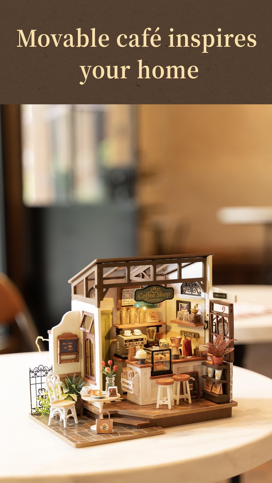 Rowood Coffee Miniature House Kit, Mother's Day DIY Miniature Dollhouse Kits for Adults to Build, Wooden Mini House Model Kits Adults Crafts with LED, Gift on Christmas Birthday for Family-NO.17 Cafe