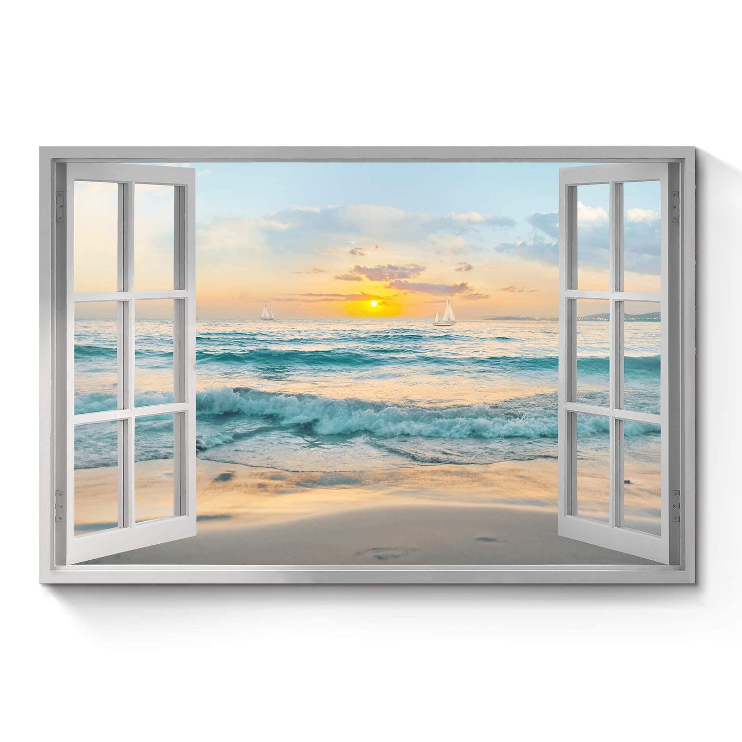 Window View Canvas Wall Art: Open Window Beach Coastal Sailboats Picture Large Blue Ocean Waves Artwork Natural Sunset Seascape Prints Modern Sea Scenery Painting for Bedroom Bathroom Home Office
