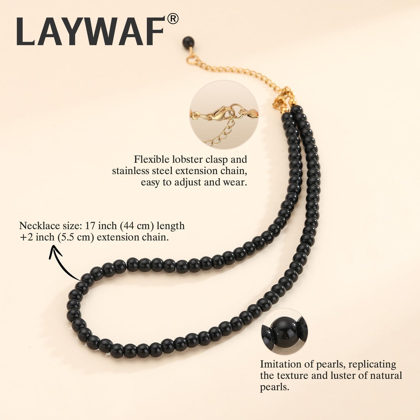 LAYWAF Black Imitation Pearl Necklace for Women, Fake Pearl Choker Necklace, 6MM Beaded Necklace, Simple Faux Pearl Accessories Costume Jewelry