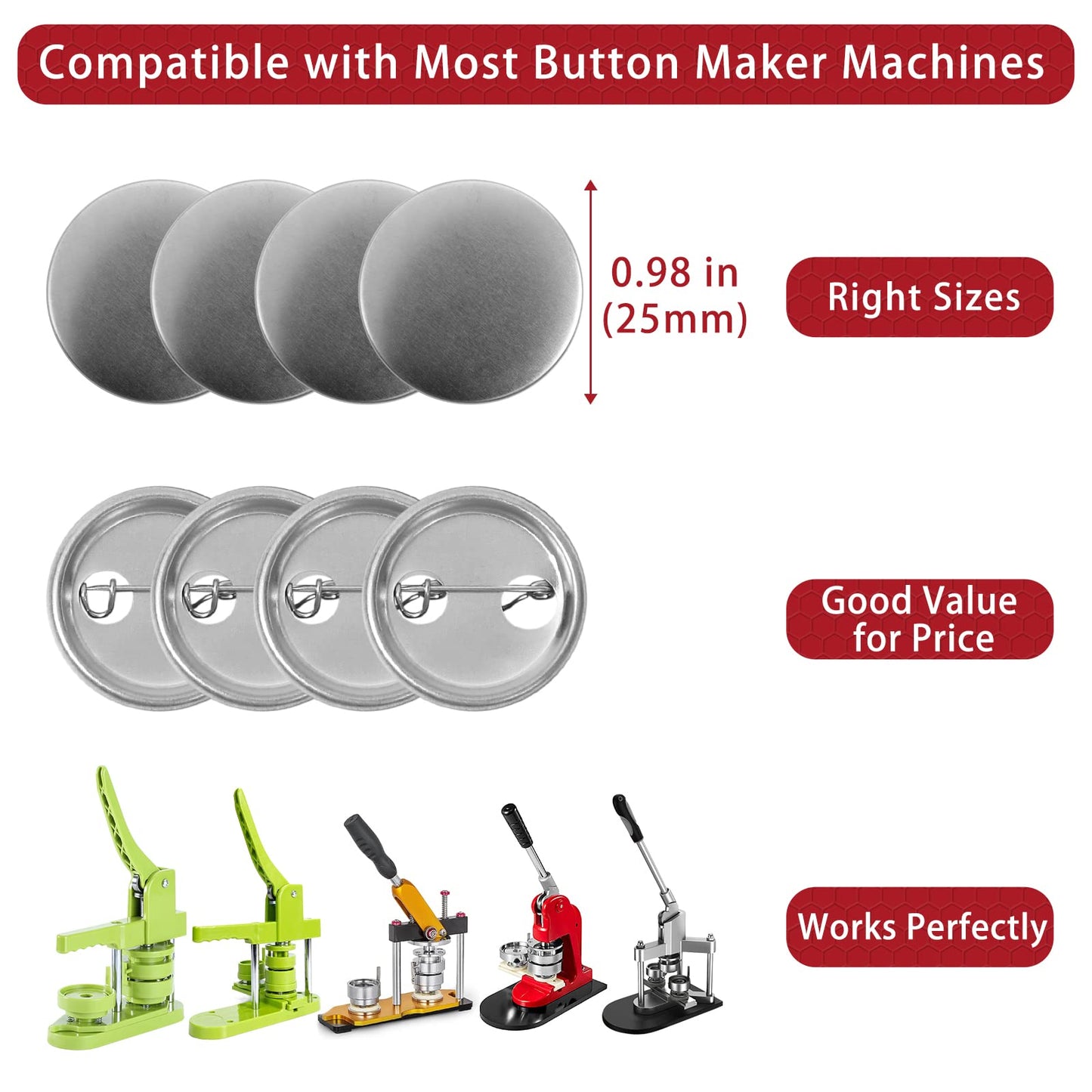 Onemorello 200 Sets Button Maker Supplies, 25mm / 0.98 inch Button Supplies Buttons Parts, (Approx. 1 inch) Metal Blank Badge Parts with Blank Paper for Buttons Maker Machine Pin Maker Press
