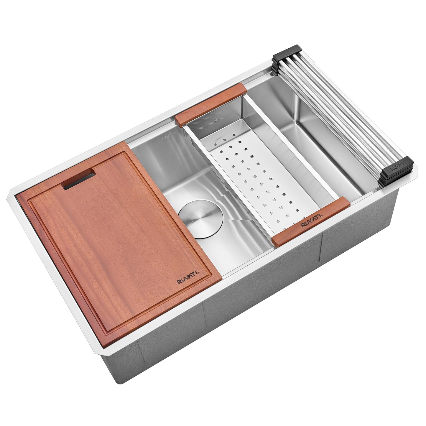 Ruvati 30-inch Round Corner Undermount 16 Gauge Stainless Steel Workstation Kitchen Sink Single Bowl – Soundproof Multifunction Chef Sink with Cutting Board & Accessories – RVH8320