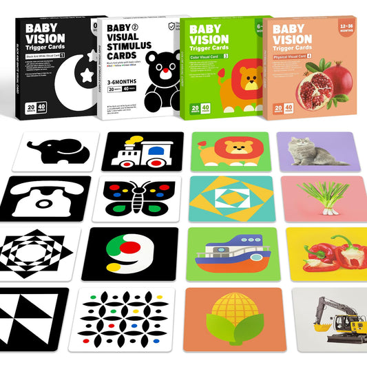 4 Sets High Contrast Baby Cards, 80 Pcs 160 Page Black White Colorful Baby Flashcards Newborn Toys for Infants Visual Stimulation Brain Sensory Development(0-36 Months)