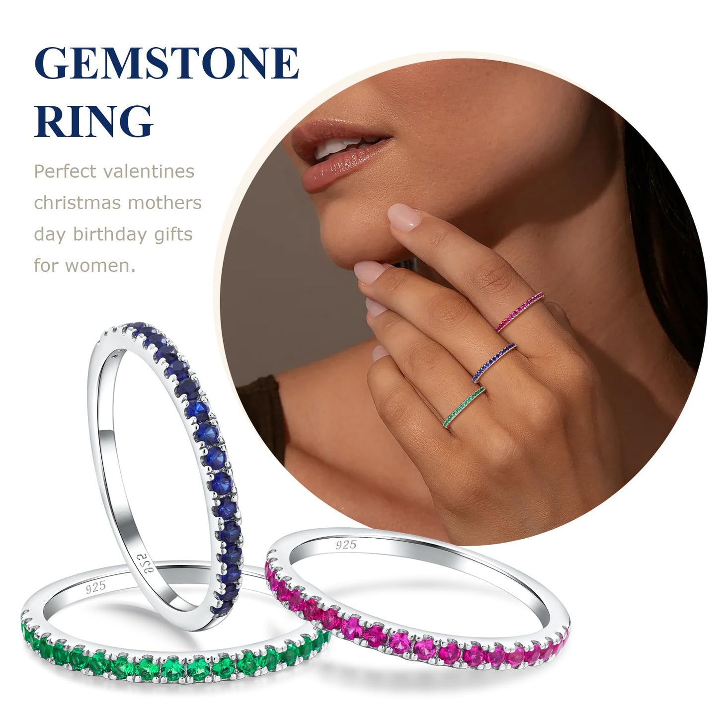 AGRULE 0.4 Cttw Sapphire Rings for Women Men Classic Silver Wedding Band with Gemstone Sterling Silver Half Eternity Band Rings Blue Stone Saphire Ring, Size 7