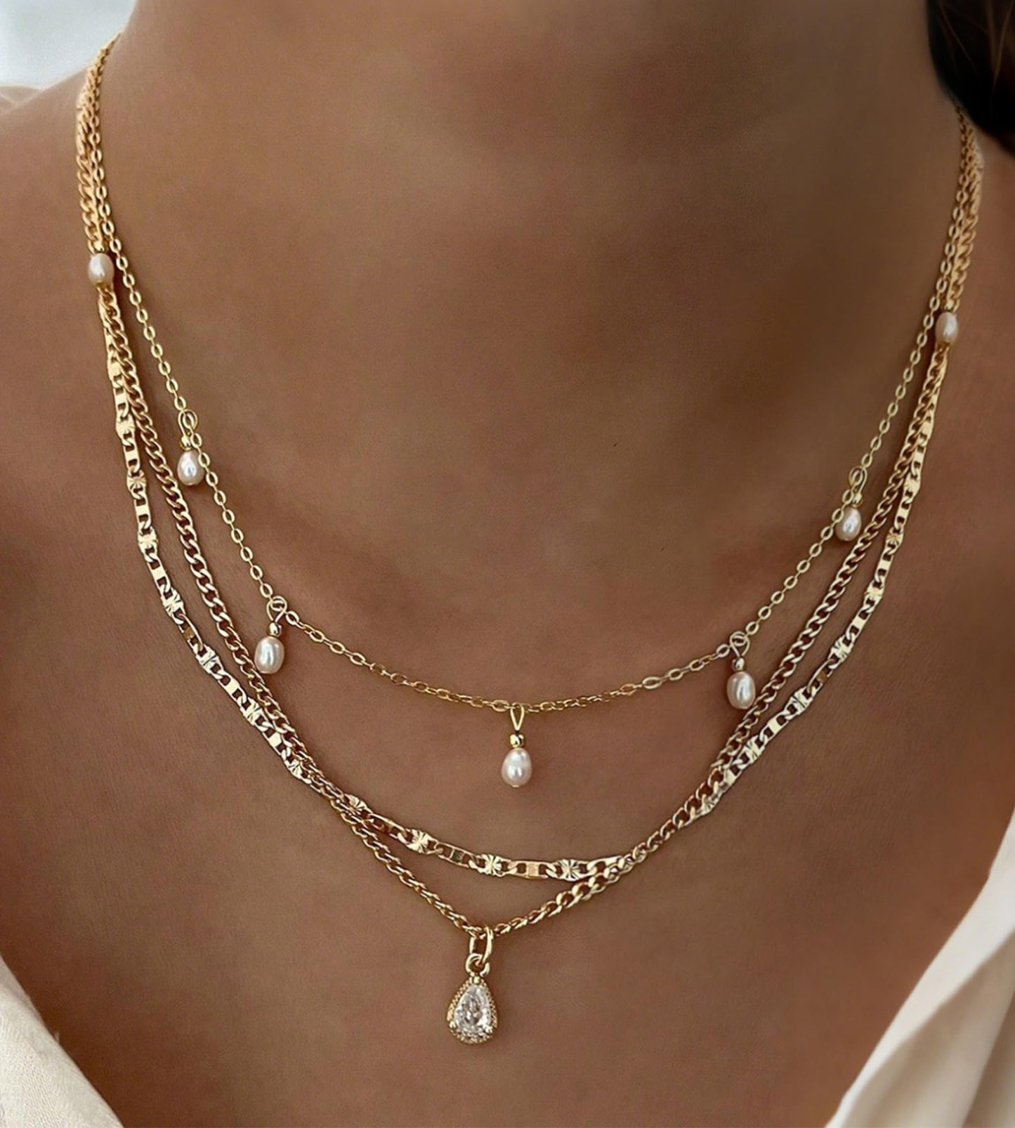YEEZII Layered Gold Necklaces for Women Trendy, 3 Pcs 14K Gold Plated Choker Paperclip Box Chain Necklace, Stackable Women's Gold Pendant Necklaces Jewelry Set (Gold-3 Pcs-Pearl)