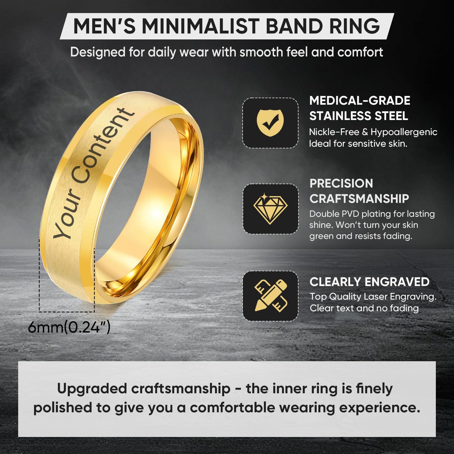VNOX Customize Gold Plated Stainless Steel Beveled Edge Matte Brushed Finish Rings for Wedding Band,Size 12