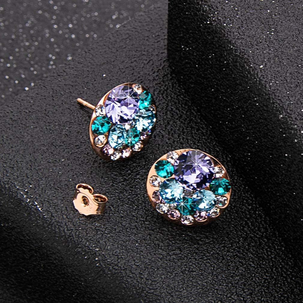 Multicolored Austrian Crystal Rhinestone Stud Earrings for Women Fashion S925 Sterling Silver Hypoallergenic Jewelry (Purple Main Crystal/Rose Gold-tone)