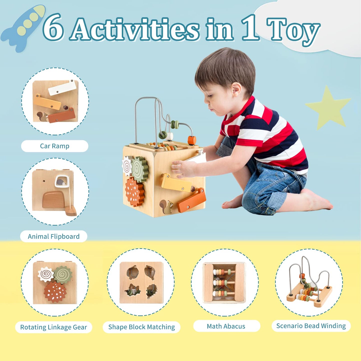 Smartwo Wooden Kids Baby Activity Cube - Boys Gift Set | One 1, 2 Year Old Boy Girl Gifts Toys | Developmental Toddler Educational Learning Boy Toys 12-18 Months | Bead Maze, First Birthday Gift