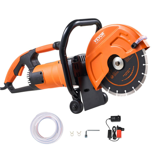 VEVOR Electric Concrete Cutter, 9 in Circular Saw with 3.5 in Cutting Depth, Wet/Dry Disk Cutter Includes Water Line, Pump and Blade, for Stone, Brick, Porcelain, Concrete, 1800W Motor
