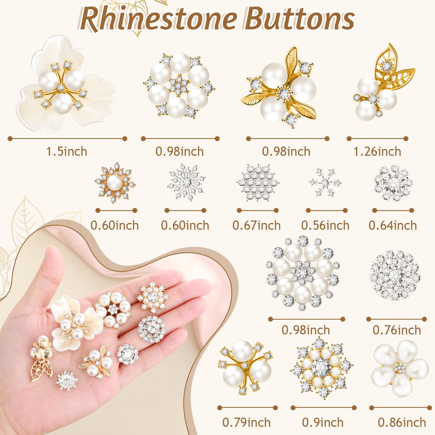 Wavwavw 160 Pcs Flat Back Pearls Rhinestone Buttons for Crafting Faux Pearl Embellishments Bulk for Jewelry DIY Craft Wedding Bouquet Hat Dress Hair Gift Decoration Party Accessories (Gold)