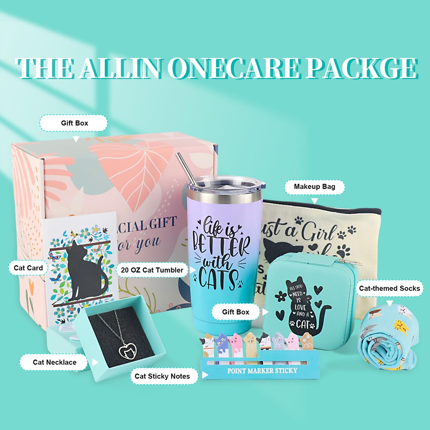 Cefanty Cat Lover Gifts for Women, Mom Gifts Cat Themed Gift Basket Birthday Teacher Appreciation Valentine's Day Mother's Day Cat Lovers With 20 OZ Tumbler