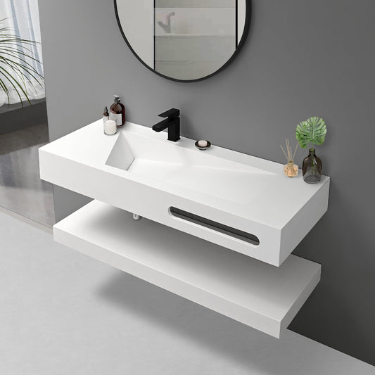 QJ&XY Resin Bathroom Sink 48" Wall Mounted V-Shaped White Basin with Towel Rack, Floating Vanity Sink in Soft-Touch Finish (Double Tier)