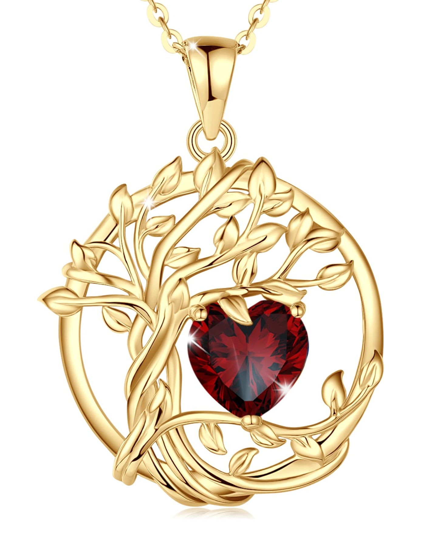 FANCIME Tree of life Garnet necklace, January Birthstone Necklace Sterling Silver Yellow Gold Plated Jewelry Red Gemstone Pendant Birthday Mothers Day Gifts for Women Wife Her