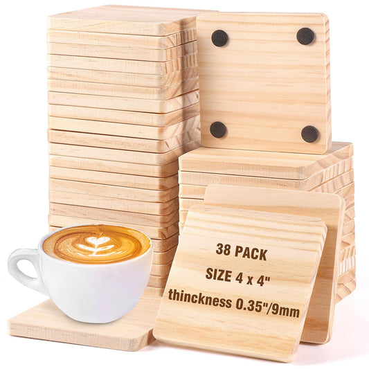38 Pack Unfinished Wood Coasters - 4 Inch Square Blank Wooden Coasters with Non-Slip Silicon Dots for DIY Crafts, Architectural Models, Drawing, Painting, Wood Engraving