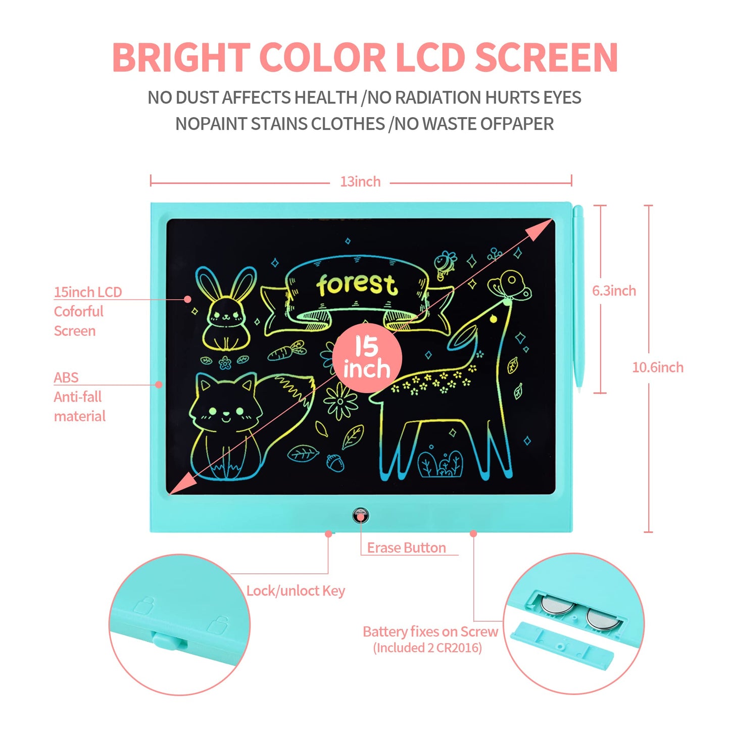 LCD Writing Tablet for Kids, 15 Inch Colorful Electronic Doodle Board, Educational Learning Kids Drawing Tablet Toys, Christmas Birthday Gift for 3 4 5 6 7 8 9 Year Old Girls Boy