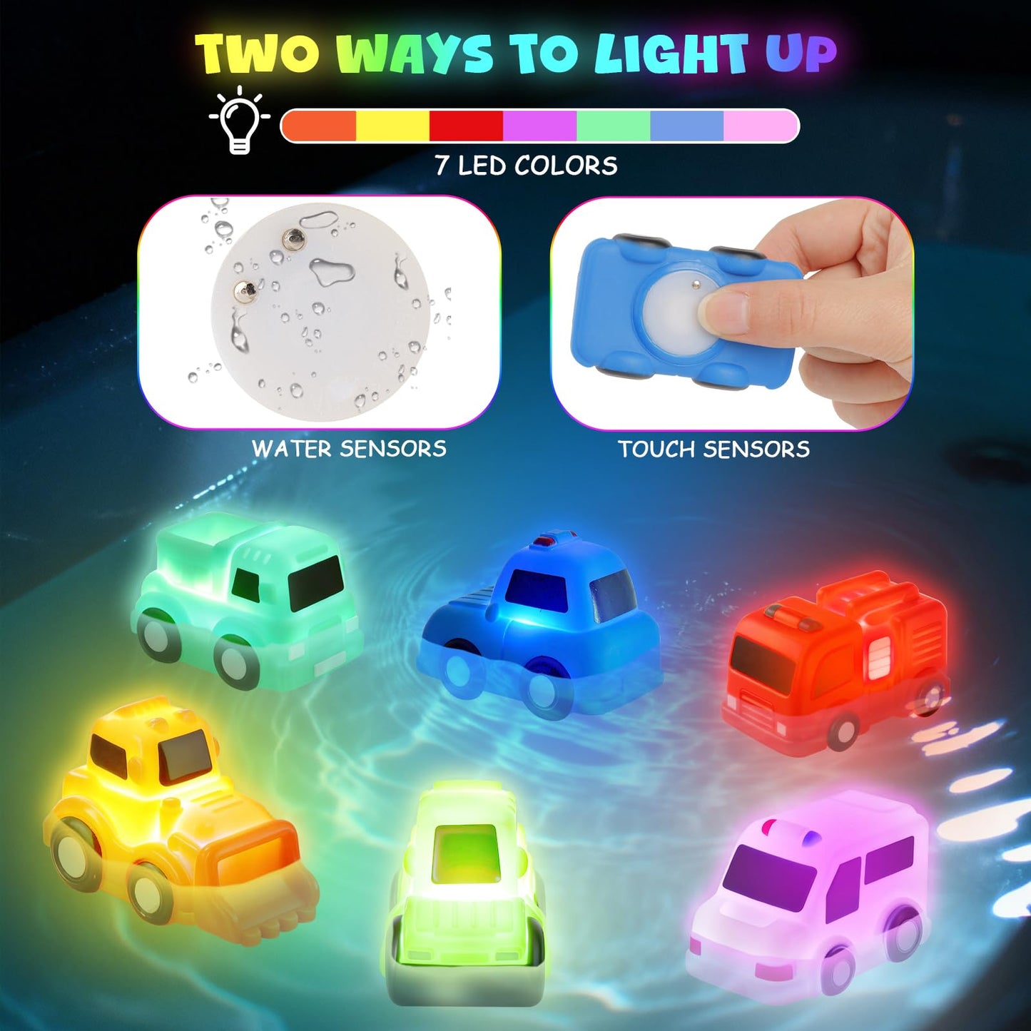 Baby Bath Toys, 6 Pack Light Up Cars Bath Toys, No Hole No Mould Bathtub Toy for 1 2 3 Year Olds, Flashing LED Sensory Toy for Toddlers, Bath Time Shower Gifts for Boys and Girls