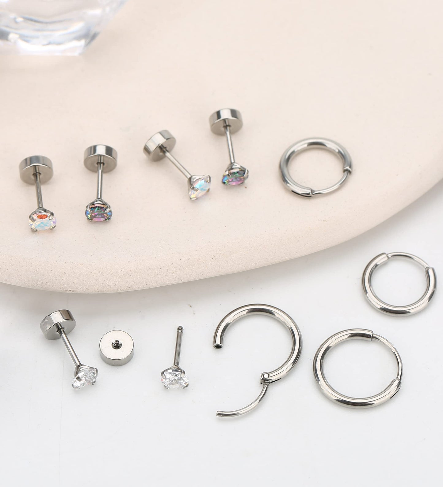 MJust Titanium Earrings for Sensitive Ears 20G Hypoallergenic Stud Hoop Earrings for Women Men Opal Ball CZ Heart Pearl Flat Back Earrings Cartilage Earrings Set