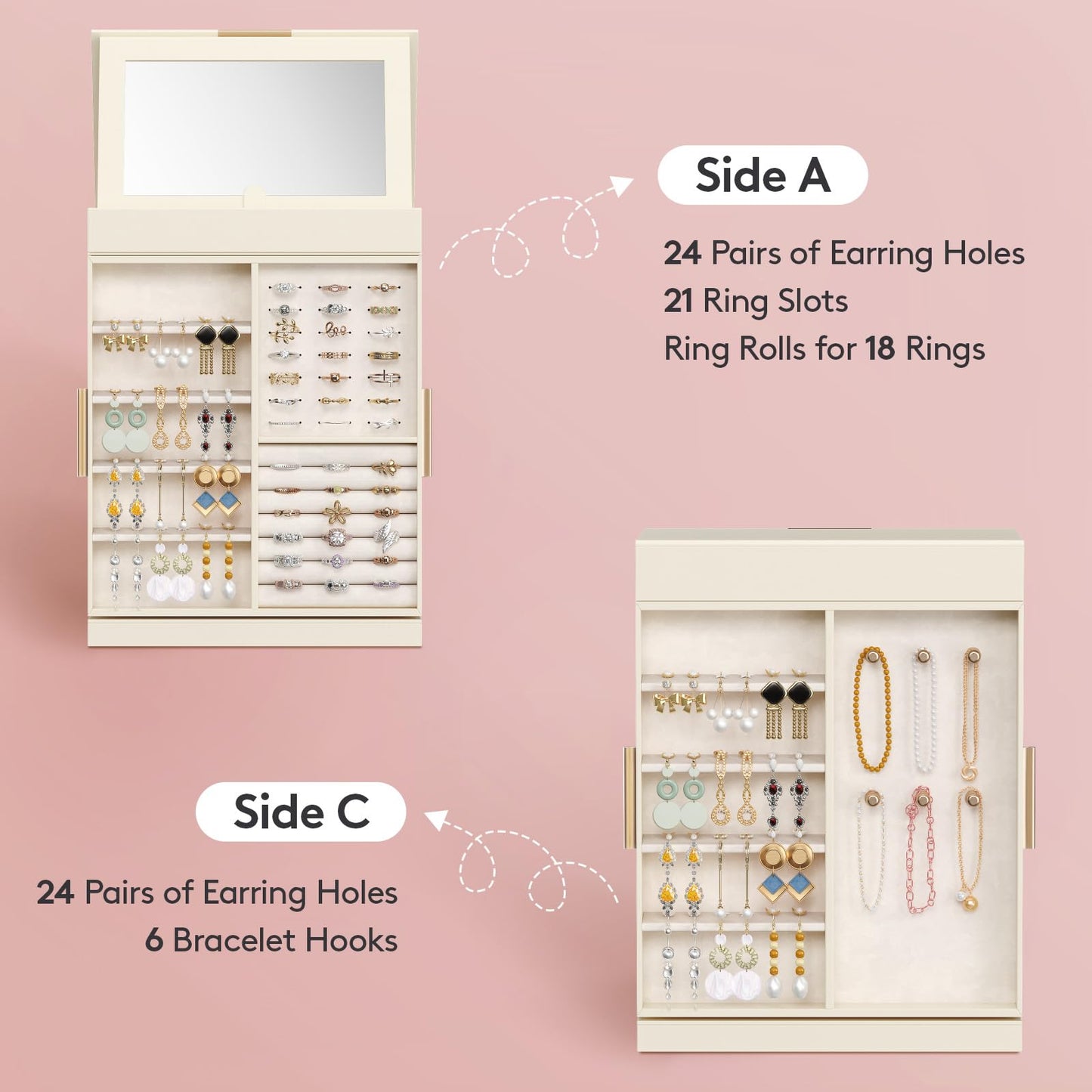 Lifewit 360° Rotating Jewelry Box, Top Magnetic Box wth Mirror, 2 Sides Plus 2 Large Drawers, Jewelry Organizer and Storage Case for Ring Necklace Earring Bracelet, Gift Idea, Creamy White