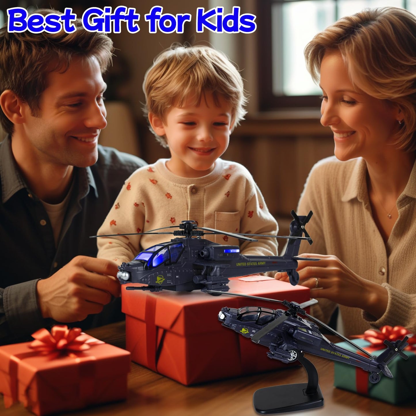 Tcvents Army Police Helicopter Toy for Boys Age 4-7, Diecast Military Toys Helicopter Model with Sounds & Lights, Pull Back Alloy Plane Birthday Gifts for Kids Toddlers 3-9 (Holder Included)
