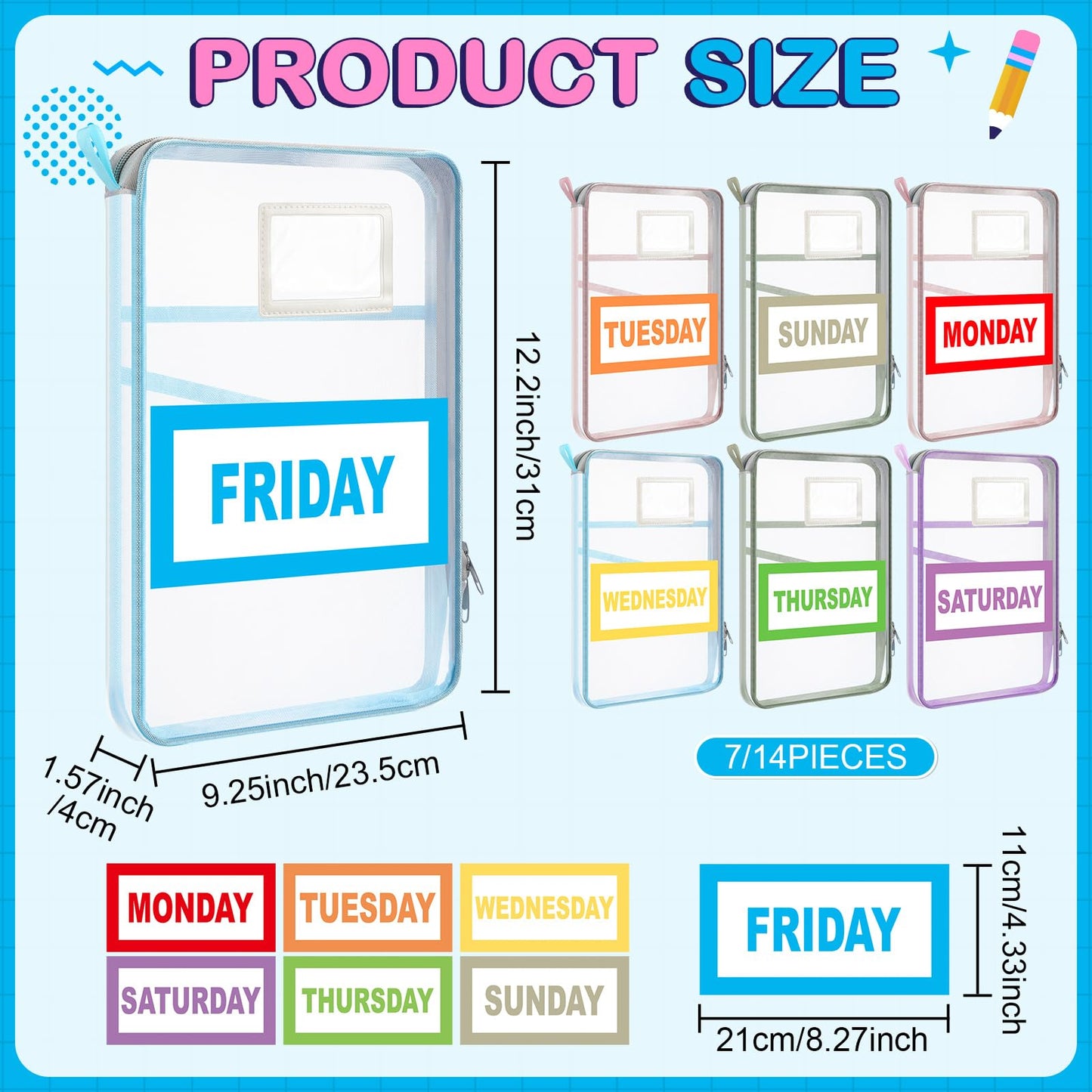 Honoson 7 Pack Packing Cubes for Travel Days of Week Packing Cubes with Labels Clear Zippered Storage Bag for Travel Summer Camp Essentials