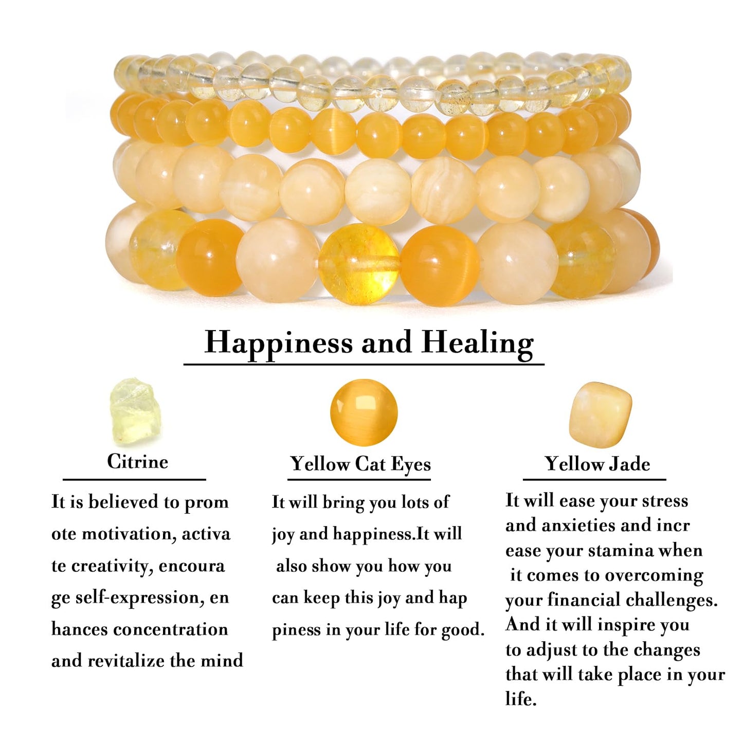 Vinswet 4pcs Natural Stone Beaded Bracelets for Women Men,Healing Crystal Gemstones Stretch Bracelet,4mm 6mm 8mm 10mm Citrine Yellow Cat Eyes Yellow Cat Eyes Anxiety Stress Relief Bracelet Jewelry Gifts
