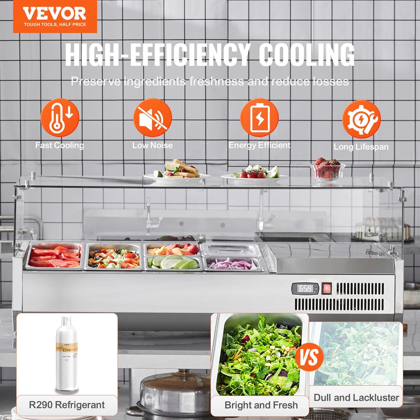 VEVOR Condiment Prep Rail Station, 135 W Countertop Refrigerated Condiment Station, with 2 1/3 4 1/6 Pans, 304 Stainless Body and PC Lid, Sandwich Prep Table with Glass Guard, ETL, Silver