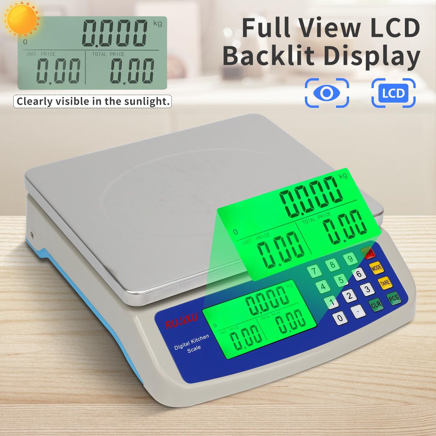 Large Digital Kitchen Scale 22LB Commercial Scale for Food Baking Bread Cooking Meat,Stainless Steel Price Computing Scale with LCD Display,Prep Counting Scale for Parts and Coins,Adapter Included
