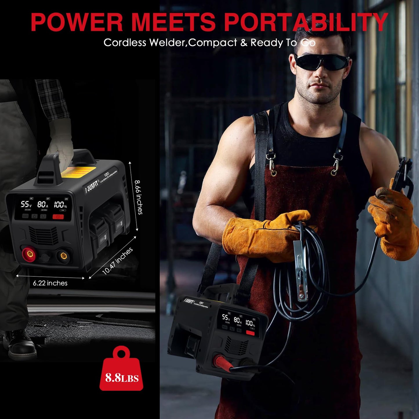 JUSFIT Cordless Welding Machine - MMA Stick Welder 160A, IGBT Inverter with 4x 8000mAh Batteries, LED Display, Hot Start, Portable for Industrial, Metal Fabrication, DIY