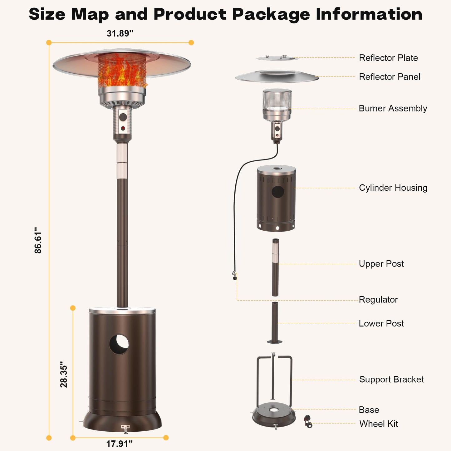 DIAMONDFORGE 50,000 BTU Patio Heater - Propane Patio Heater with Double-Layer Stainless Steel Burner, Round Table Design Space Heater, Outdoor Heaters with Wheels Used for Garden and Patio, Brown