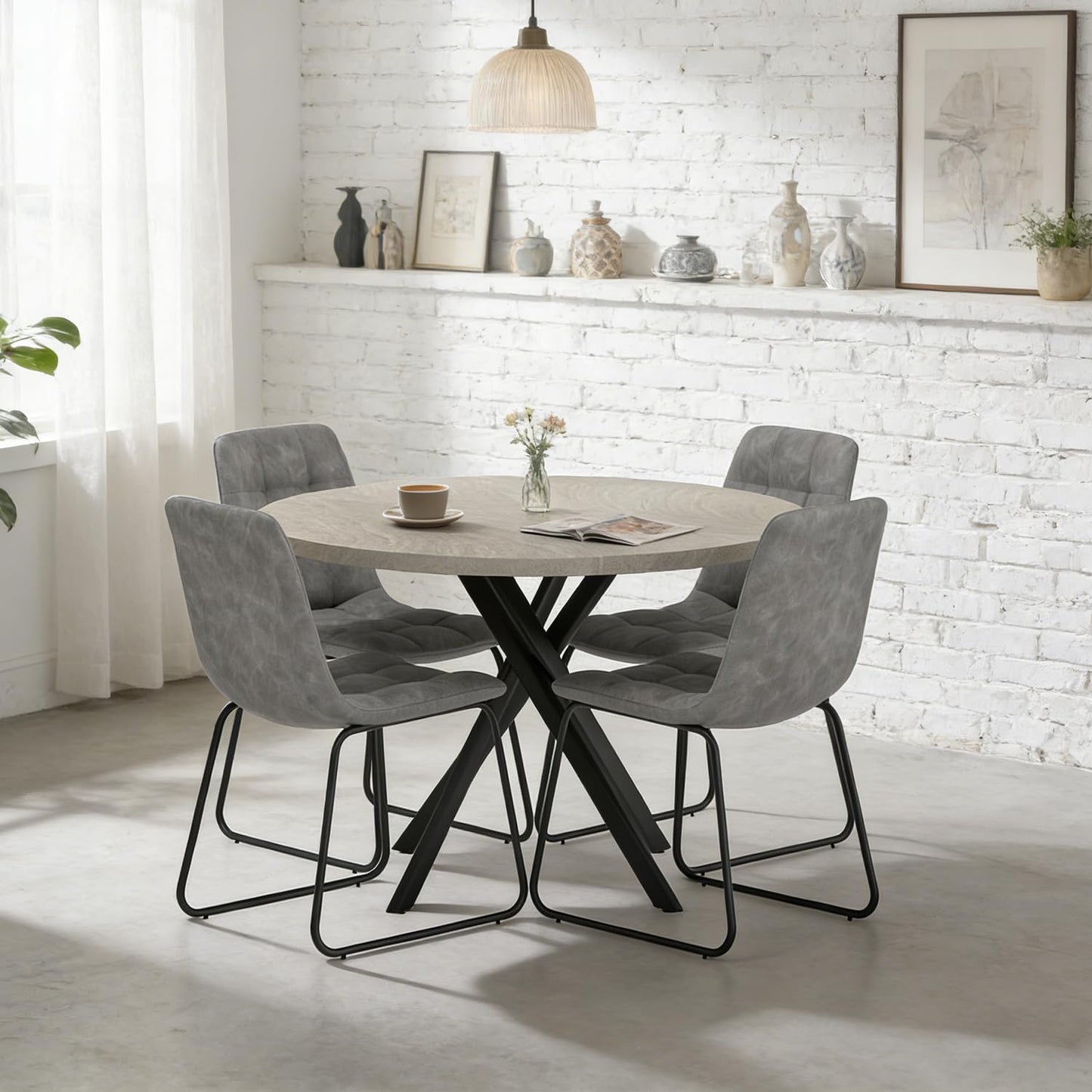 domusdisn 44" Round Dining Table with Cozy Chair Set for 4, Modern Mid-Century Dining Table Set of 4, Dinette Sets with Metal Leg for Kitchen Dining Room Apartment(Gray Table + Gray Chairs)