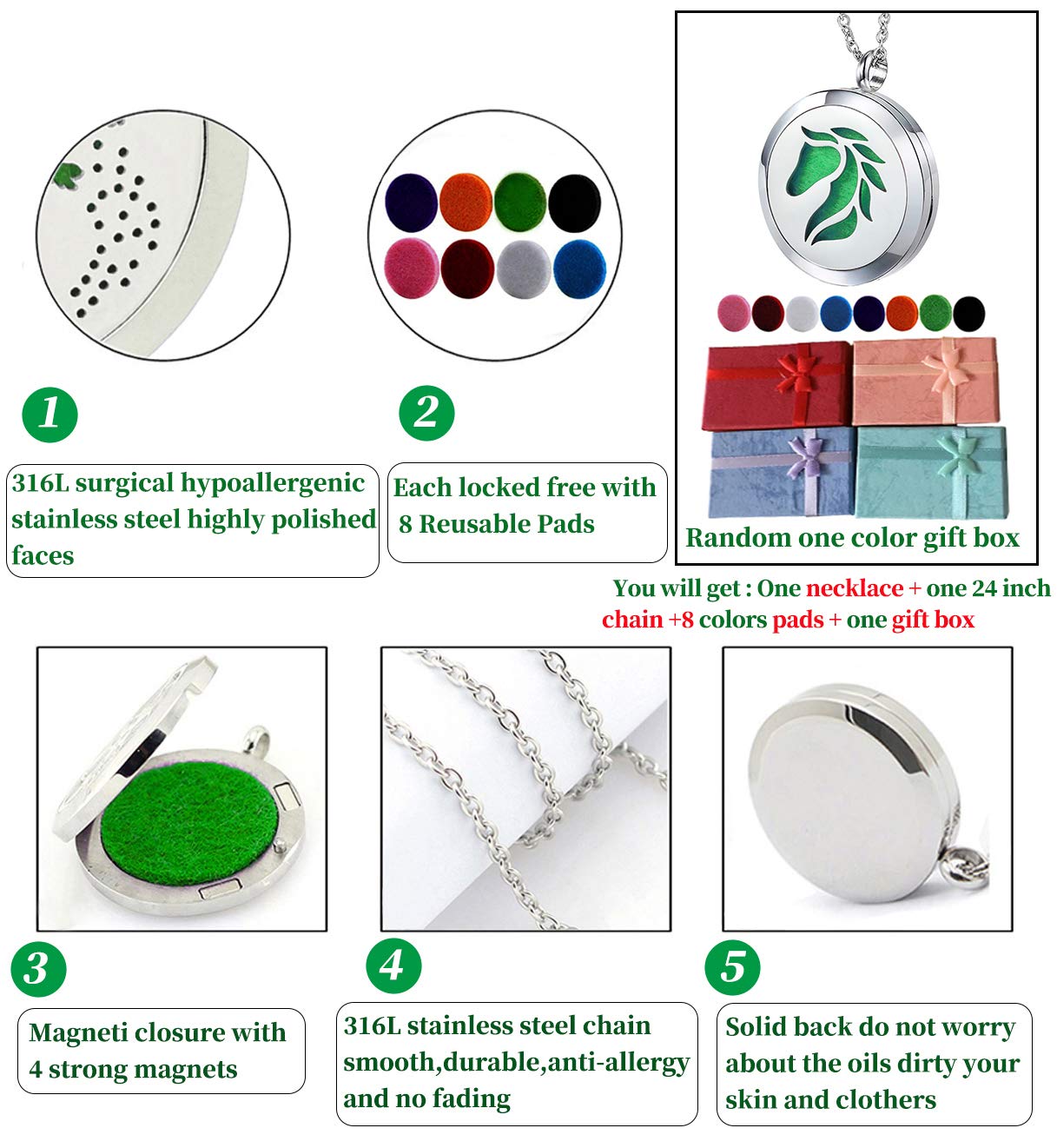 Popeoiuh Essential Oil Diffuser Necklace Aromatherapy Jewelry Stainless Steel Horse Animal Locket Pendant with 24 inch Chain 8 Pads Birthday Christmas Jewelry Gift for Women Men