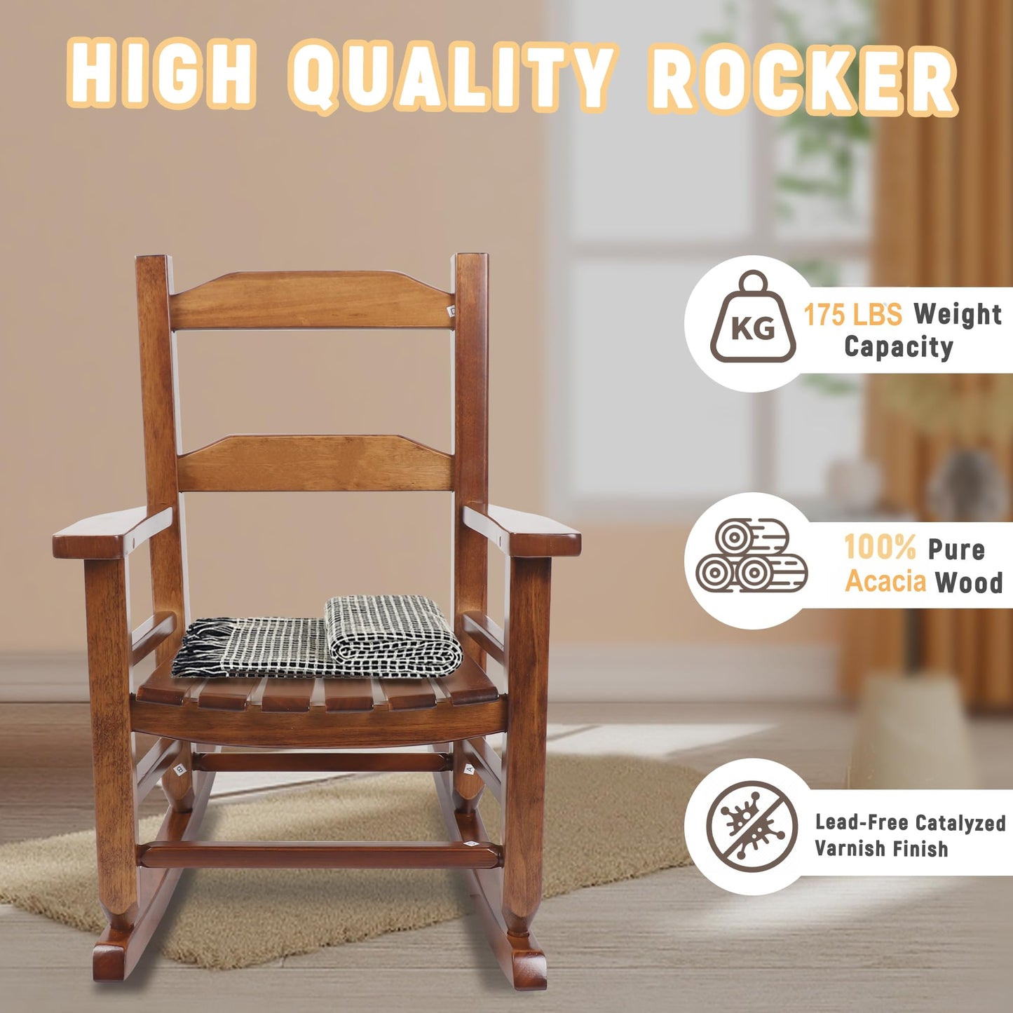Hngilkoo Kids Rocking Chair Toddler Wooden Indoor for Child Comfy Recliner Rocker for Baby Ages 3-6 Outdoor Lounge Children Playroom Anti-Tip Design Safe & Sturdy Brown