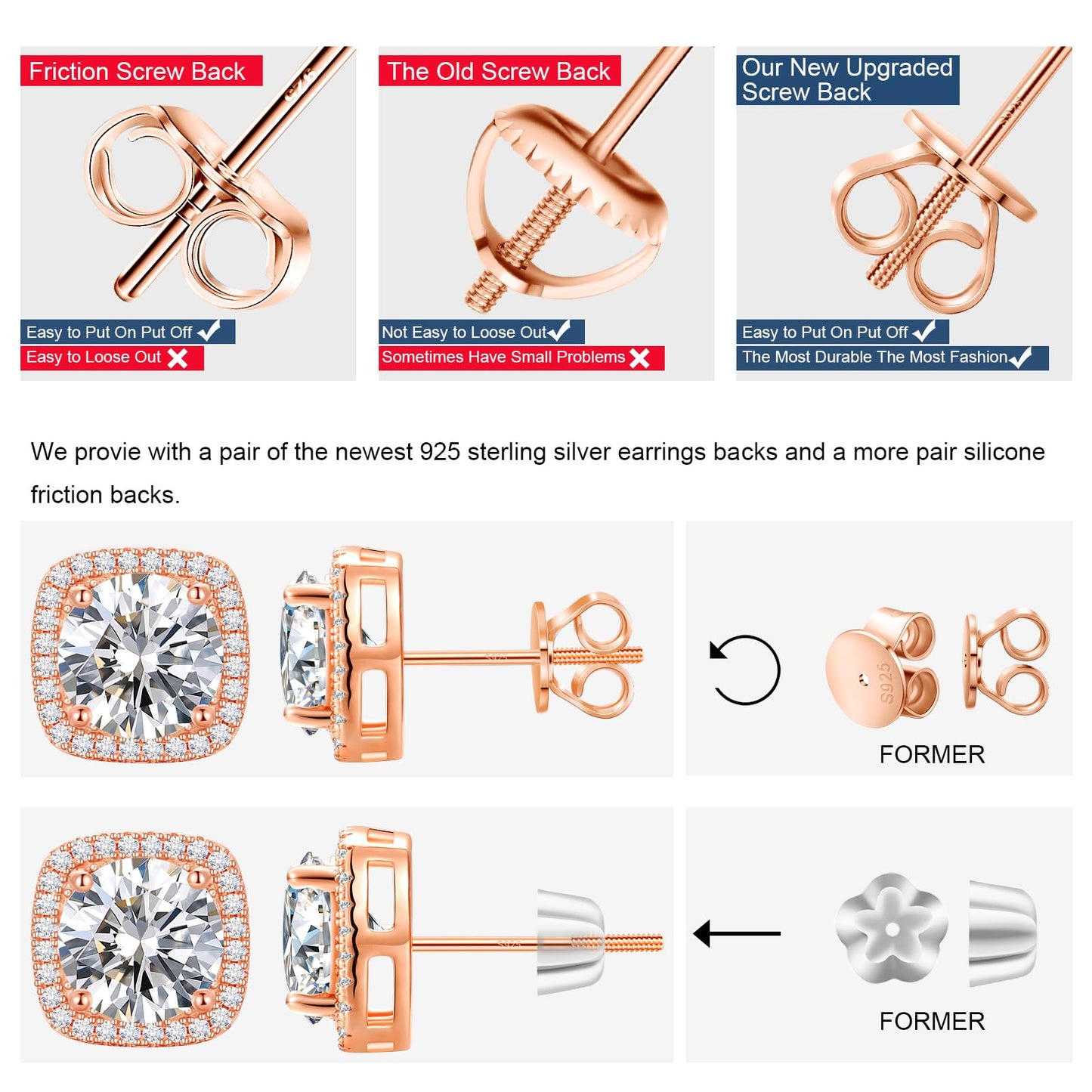 Gugots Moissanite Halo Square Stud Earrings Screw Back 925 Sterling Silver Lab Brilliant D Color VVS1 Clarity Hypoallergenic Earrings for Women Men Rose Gold Plated 0.8CT 6MM*2