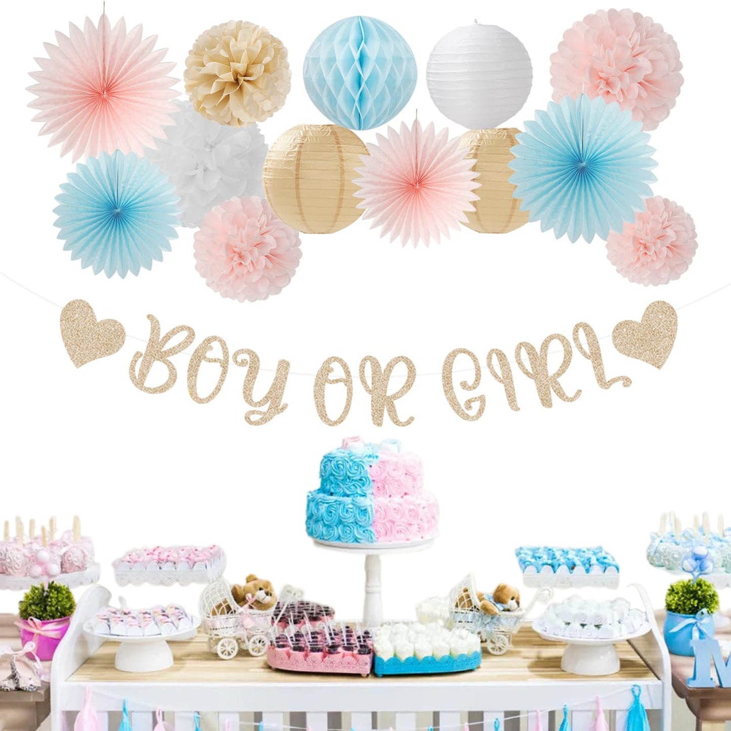 Light-Pink Blue Champagne Gender-Reveal Party-Decorations - 22pcs Boy Or Girl Banner,Neutral Paper Lanterns Streamers,Tissue Pom Poms Flowers Fans Bear Theme Decor Supplies Hugmoon