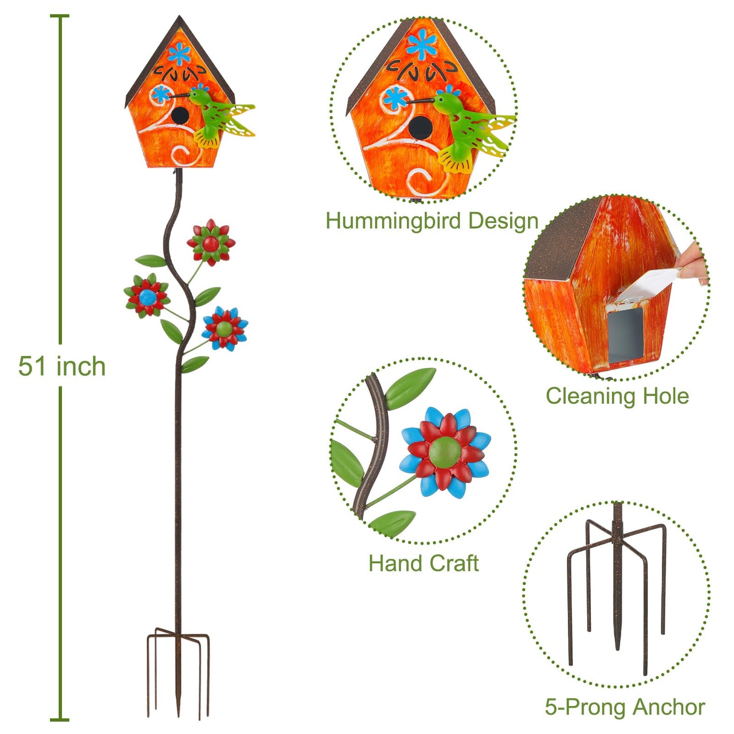 51” Bird Houses Stake for Outside, Metal Wild Bird Feeder Birdhouse Stake Pole with Hummingbird Design Outdoor Decorations for Patio, Backyard, Garden