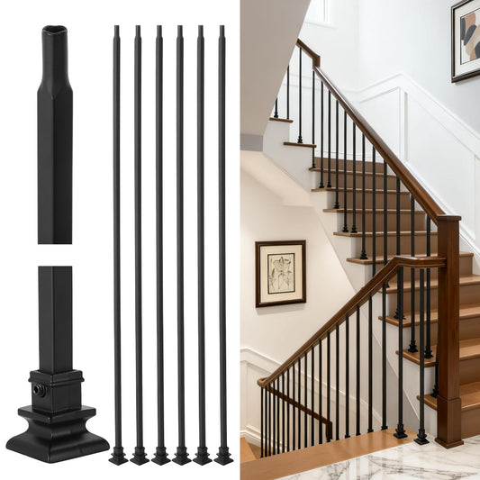 WICHEMI 32 Pack Stair Balusters Indoor, 44" x1/2" Iron Balusters for Staircase, Square Straight Stair Spindles Iron Black with Baluster Plate Shoes