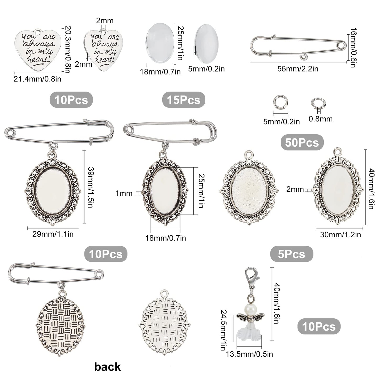 SUNNYCLUE 1 Box 100Pcs DIY 10 Sets Wedding Bouquet Photo Charms Making Kit Bridal Boutonniere Photo Charm Safety Pin Memory Brooch Lobster Claw Angel Pendants Trays and Domes Cabochon Setting Crafting