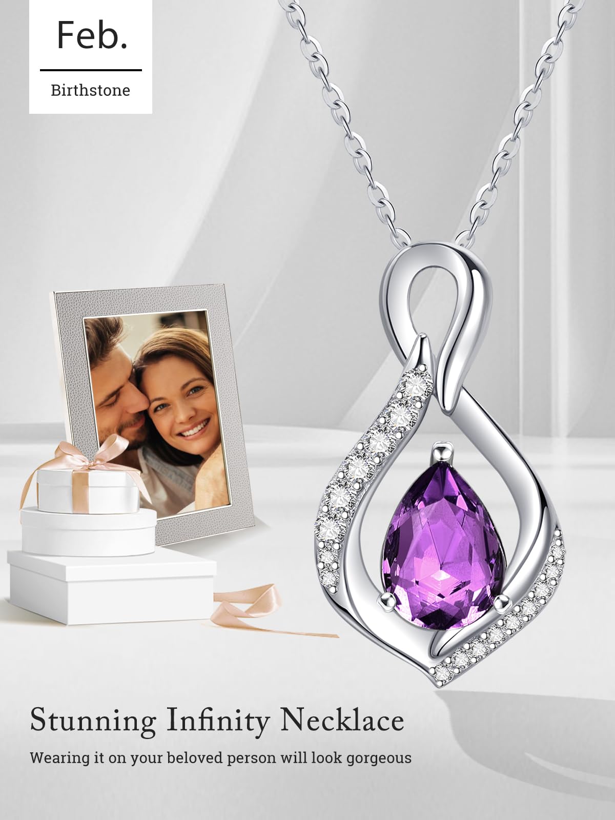 JIYVY32 Amethyst Infinity Necklace for Women February Birthstone Necklaces White Gold Plating Anniversary Birthday Gifts for Wife Her Mom Girlfriend Birthstone Jewelry Gifts for Women
