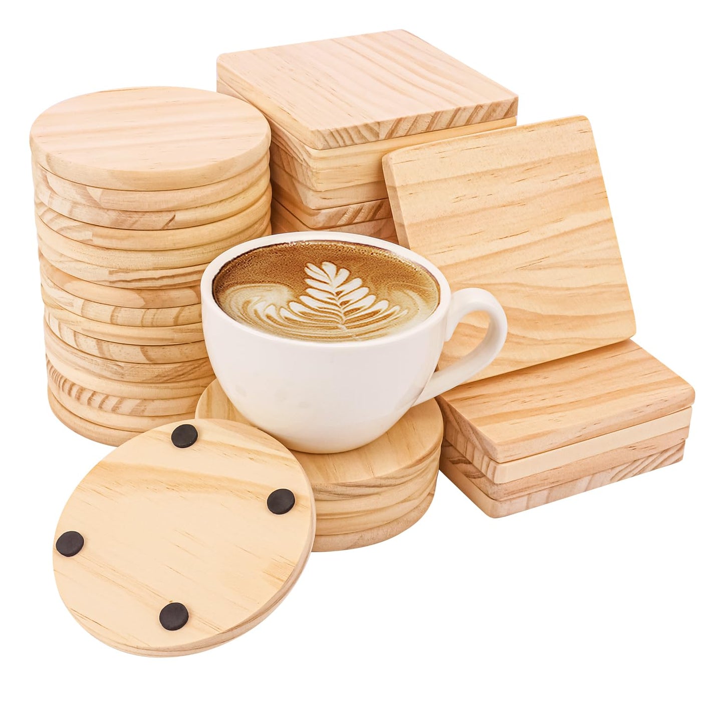 kukmakri 40 PCS Unfinished Blank Wooden Coasters - 4 Inch Square & 4 Inch Round Wood Coasters with Non-Slip Silicon Dots – Natural DIY Wood Slices for Engraving and DIY Painting (Thick 0.35 Inch)