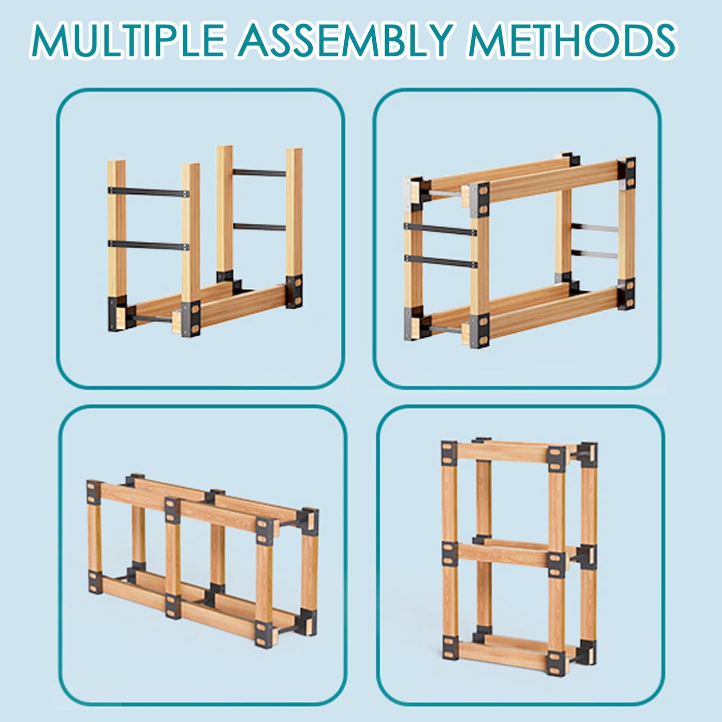 Eibikdi Firewood Rack Outdoor, Adjustable Length Wood Storage Brackets Kit, Log Stacking Stand Holder for Outdoor Indoor Fireplace, Wood Burning Fire Pits, Black, Set of 4